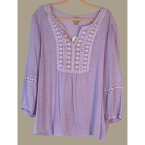 Como Vintage Lavender Embroidered Gauze Blouse Size XL NWT